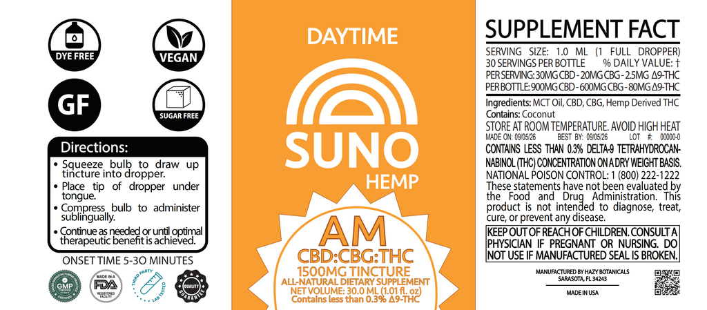 SUNO AM Tincture - 600mg CBG/900mg CBD/80mg THC