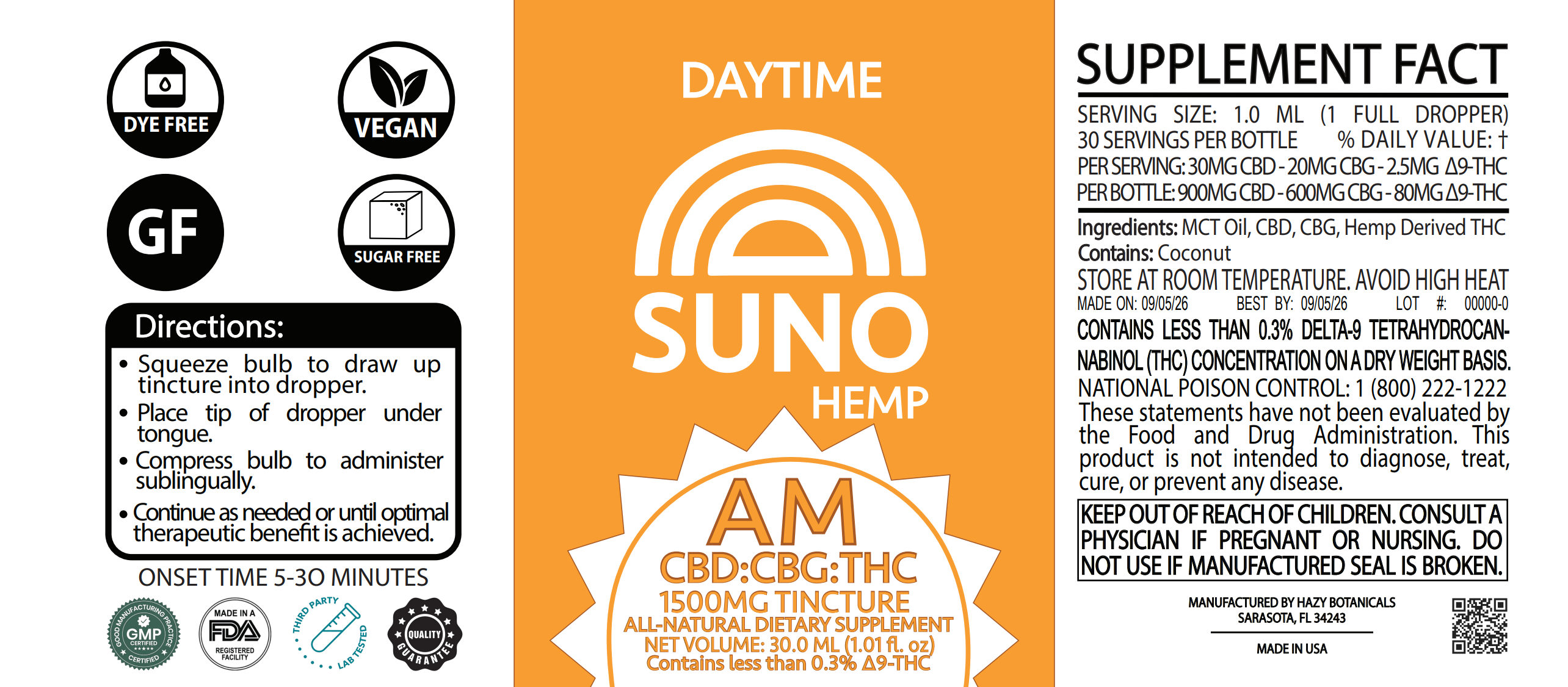 SUNO AM Tincture - 600mg CBG/900mg CBD/80mg THC