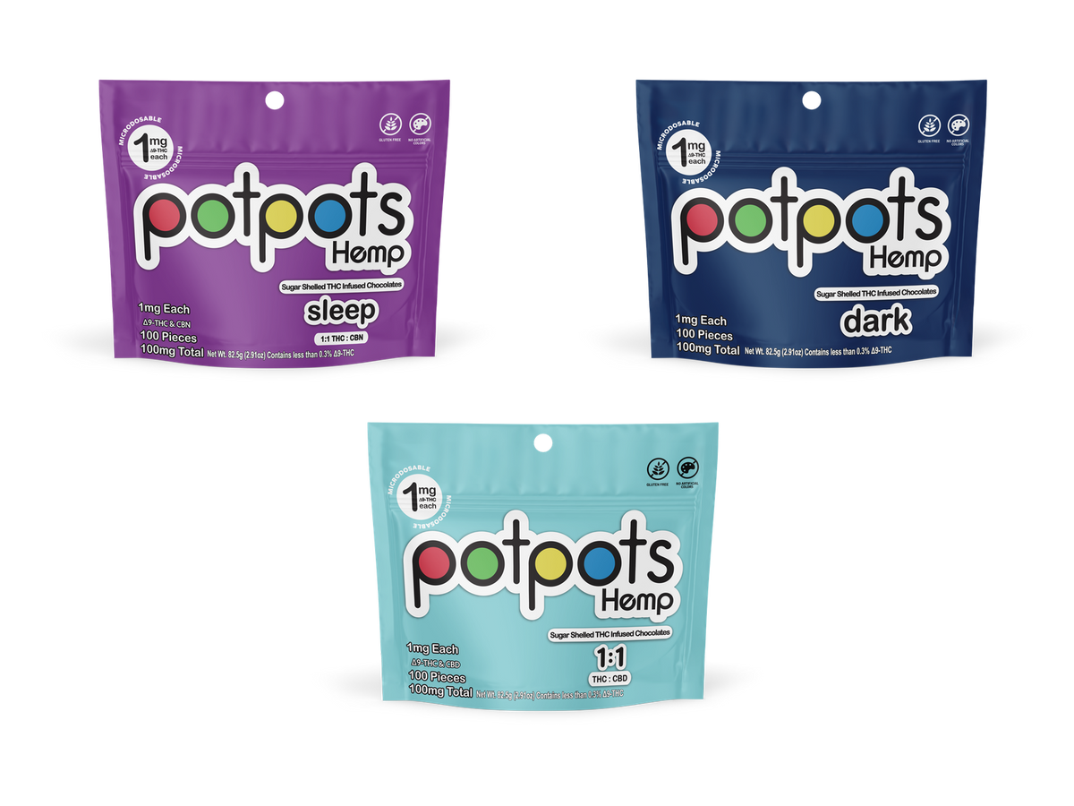 potpots three-pack: Sleep, Dark Chocolate and Balanced THC + CBD; 100 pieces per bag