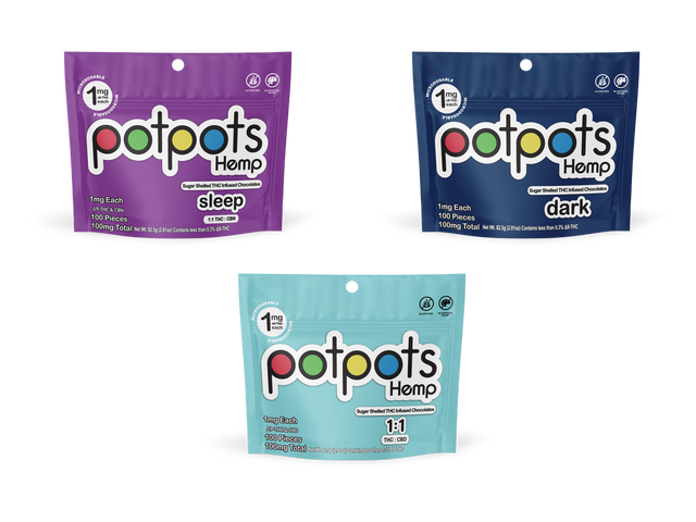 potpots three-pack: Sleep, Dark Chocolate and Balanced THC + CBD; 100 pieces per bag