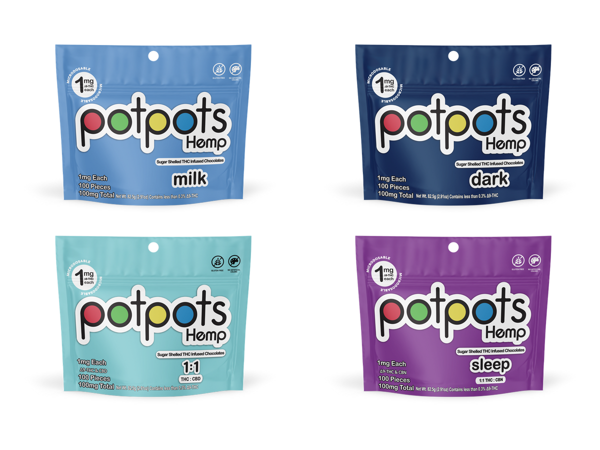 potpots four-bag variety bundle: Milk Chocolate, Dark Chocolate, Balanced and Sleep; 100 pieces per bag