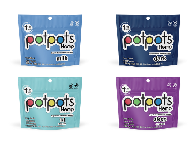 potpots four-bag variety bundle: Milk Chocolate, Dark Chocolate, Balanced and Sleep; 100 pieces per bag