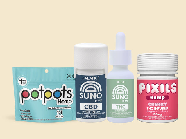 Hazy Starter Pack with potpots Balanced Milk Chocolate, SUNO CBD tablets, SUNO THC tincture and Cherry PIXILS